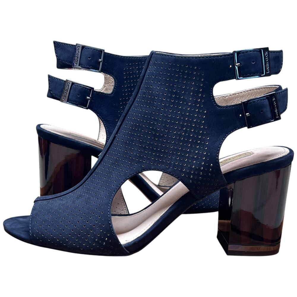 LOUISE ET CIE Lo-Vanita Women's 38.5/US 8.5 Navy Suede Sandal Tortoise Heel - Picture 7 of 16